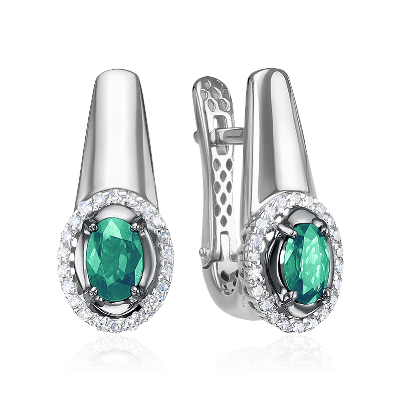 Серьги с изумрудом, бриллиантами из белого золота 585 пробы (арт. 122434)