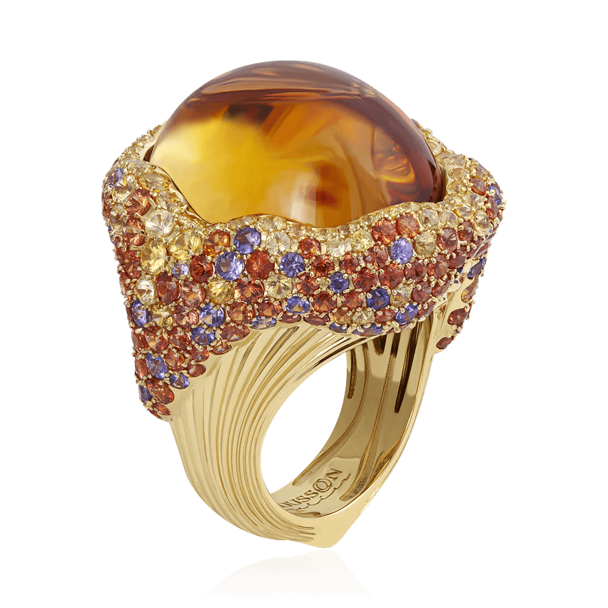 Кольцо с цитрином, цветными сапфирами из желтого золота 750 пробы, фото № 1