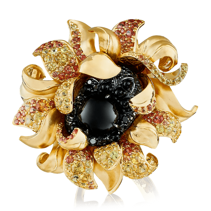 Кольцо Подсолнух с ониксом, цветными сапфирами, бриллиантами из желтого золота 585 пробы, фото № 2