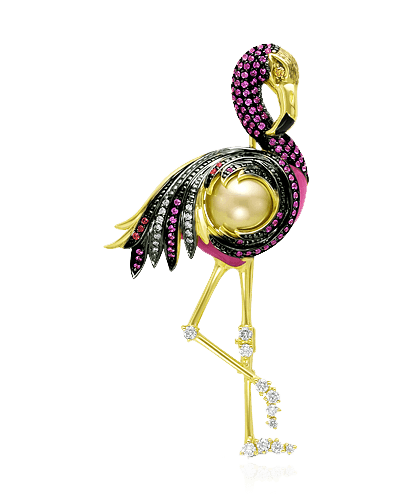 Брошь Фламинго с рубином, сапфиром, бриллиантами, жемчугом, эмалью из желтого золота 585 пробы (арт. 49919)