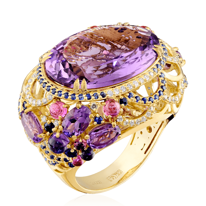 Кольцо с аметистом, бриллиантами, сапфиром, турмалином из желтого золота 750 пробы (арт. 38664)