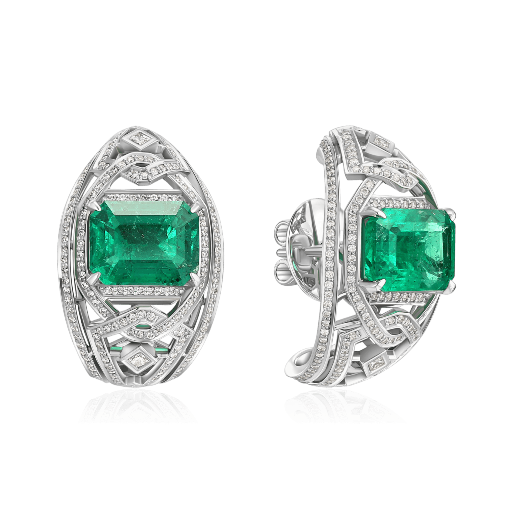 Серьги с изумрудом, бриллиантами из белого золота 750 пробы (арт. 134647)
