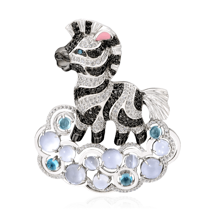 Кулон зебра с бриллиантами и цветными камнями в белом золоте 750 пробы, фото № 1