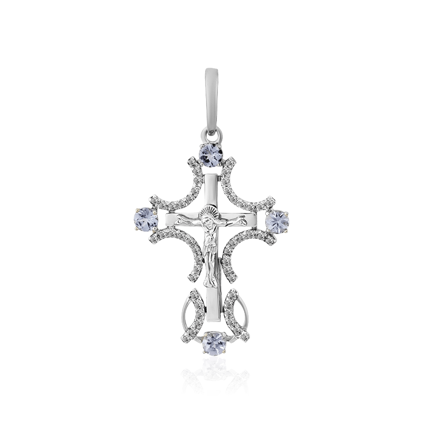 Крест с танзанитом, бриллиантами из белого золота 585 пробы, фото № 1