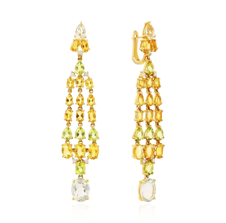 Серьги с цитрином, бриллиантами, перидотом, празиолитом из желтого золота 585 пробы, фото № 1