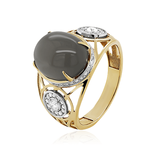 Кольцо с лунным камнем, бриллиантами из желтого золота 585 пробы, фото № 1