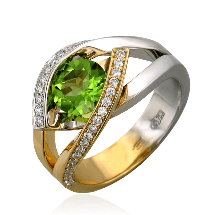 Кольцо с бриллиантами, хризолитом из комбинированного золота 750 пробы, фото № 1