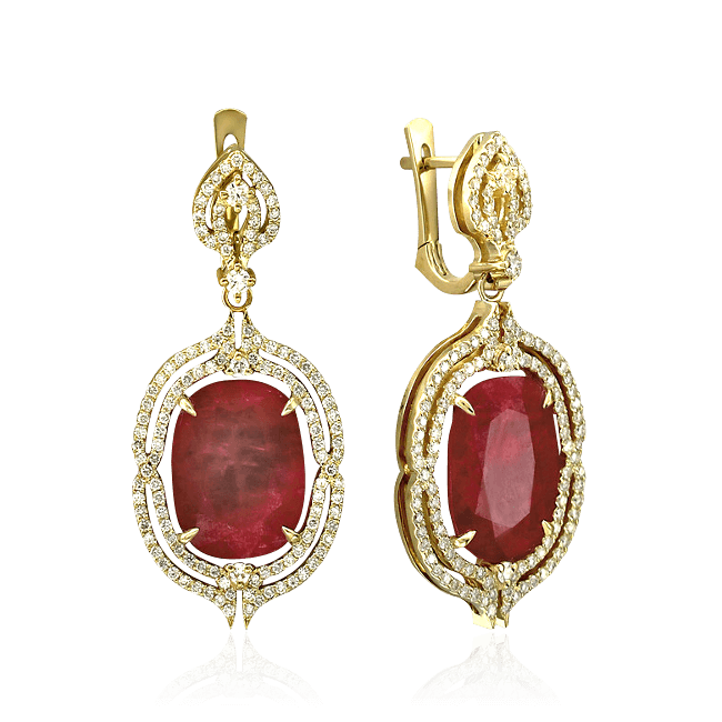 Серьги с рубином, бриллиантами из желтого золота 585 пробы (арт. 27106)