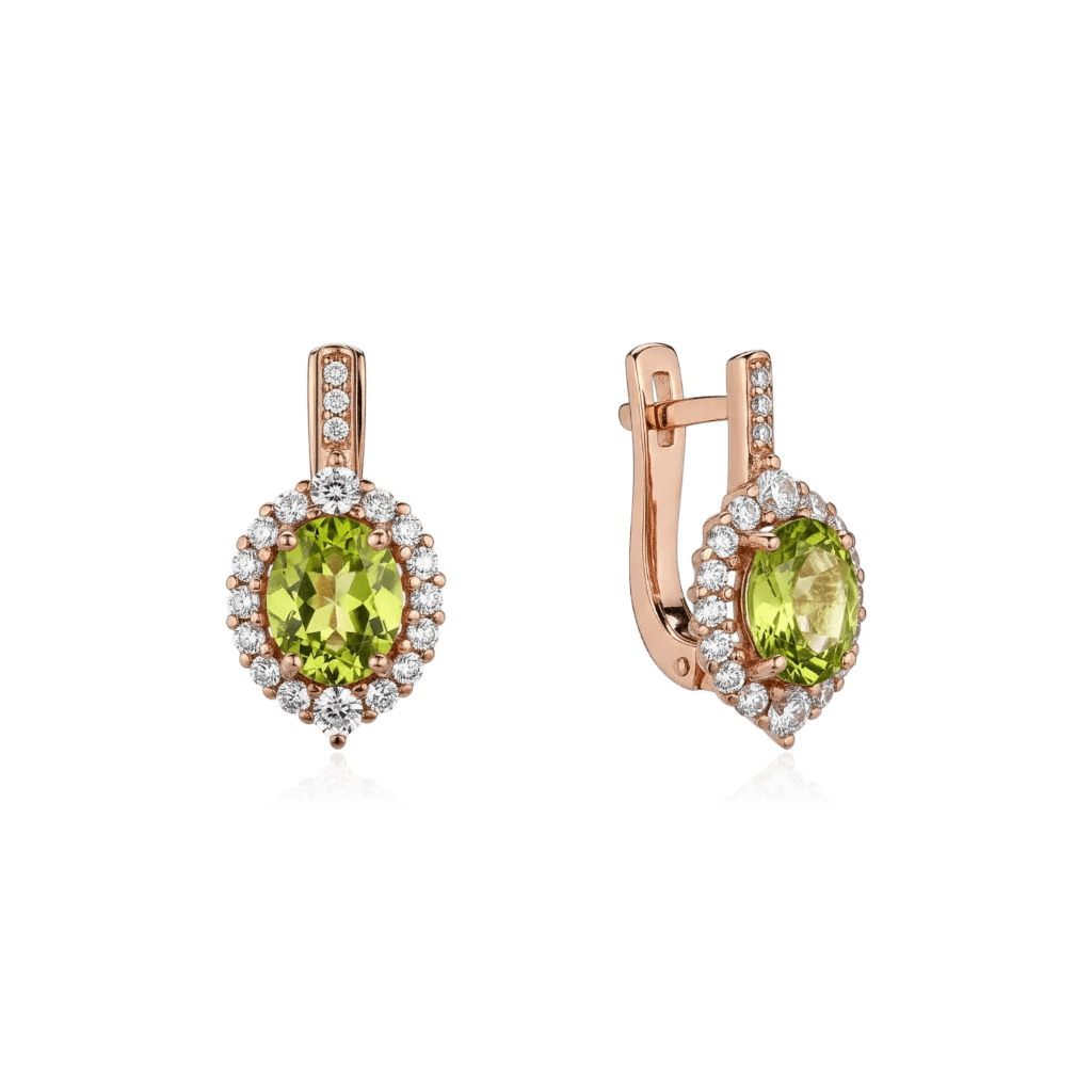 Серьги с хризолитом, фианитом из красного золота 585 пробы (арт. 129467)