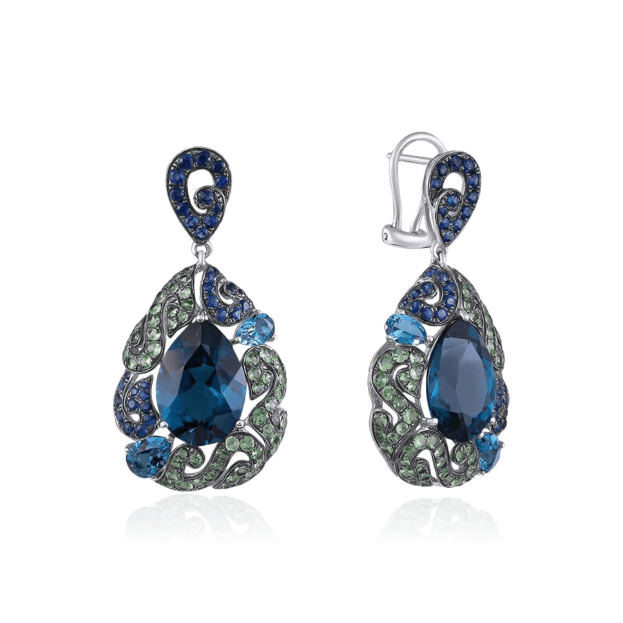 Серьги с топазом, сапфиром, тсаворитом из белого золота 585 пробы, фото № 1