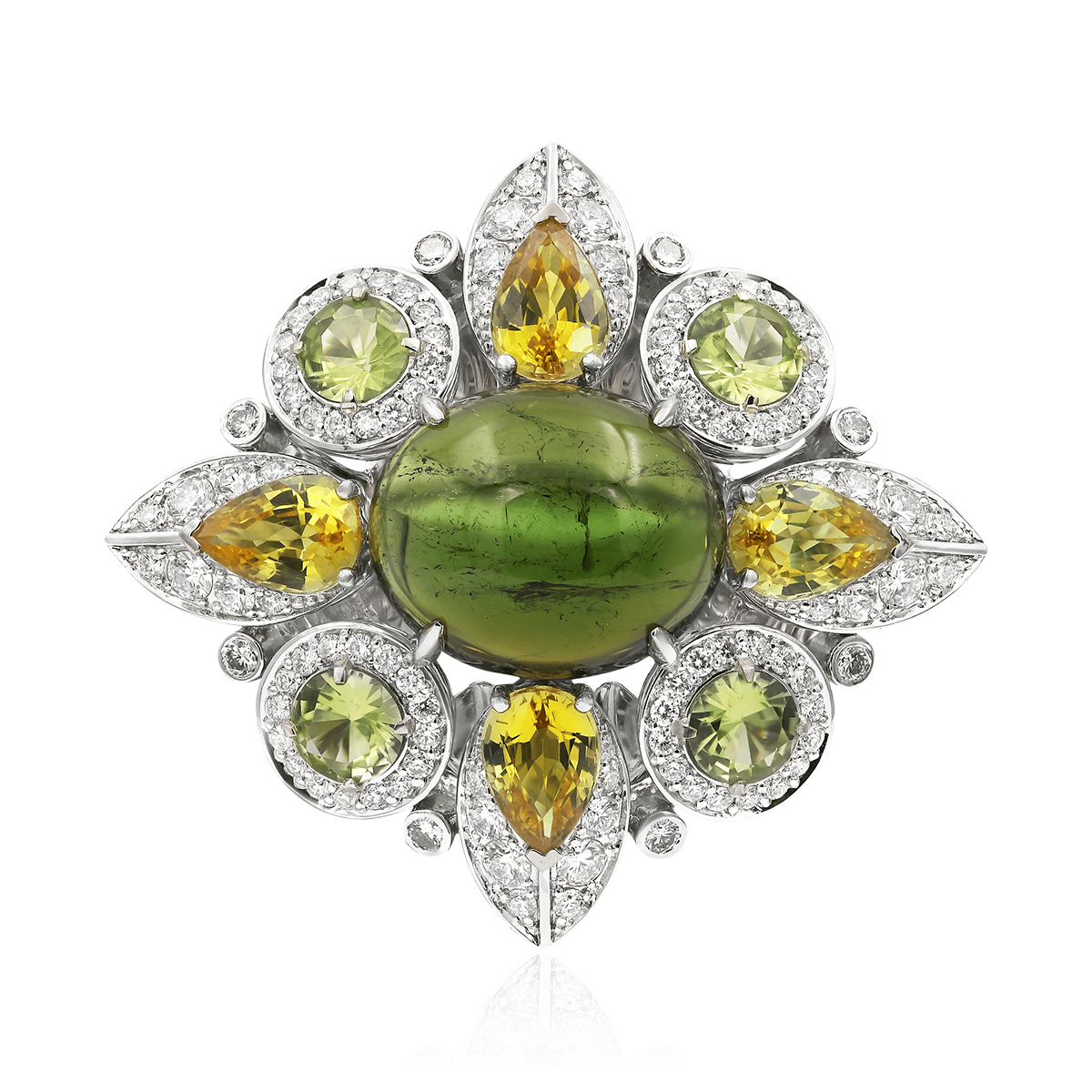 Кольцо в виде цветка с сапфиром, бриллиантами, хризолитом, турмалином из белого золота 750 пробы, фото № 2