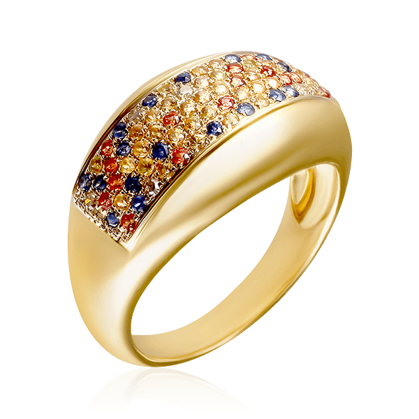 Кольцо с цветными сапфирами, бриллиантами в желтом золоте 585 пробы, фото № 1