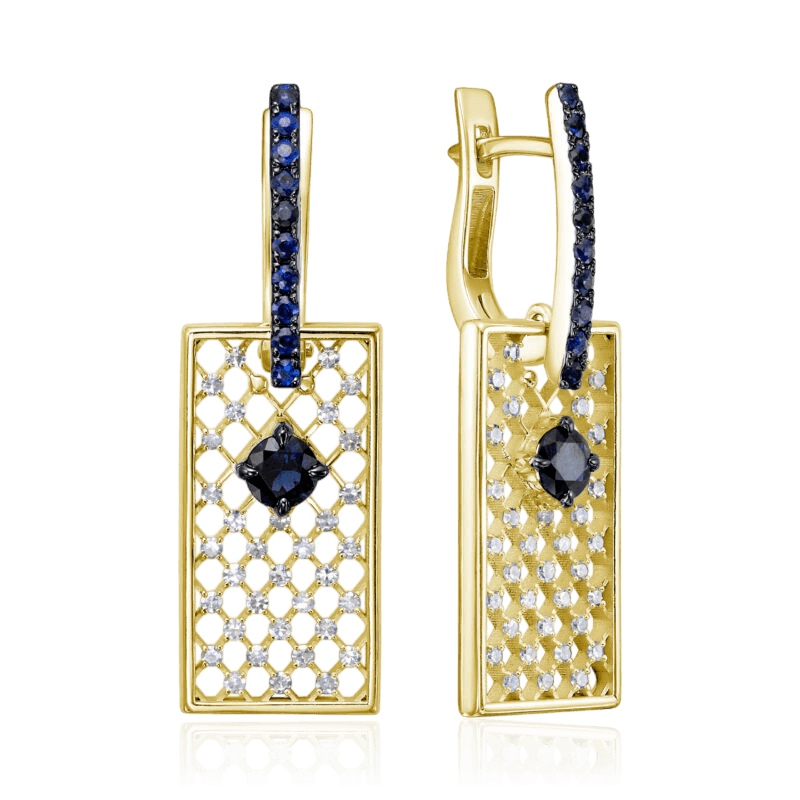 Серьги с сапфиром, бриллиантами из желтого золота 585 пробы (арт. 131138)