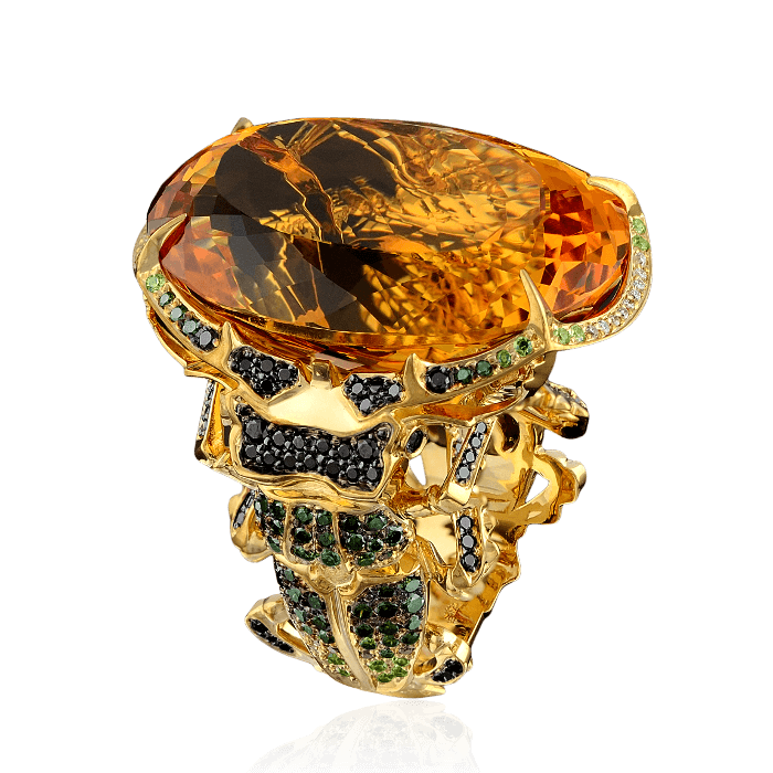 Кольцо Жук-олень с цветными камнями и бриллиантами в желтом золоте 750 пробы (арт. 28287)