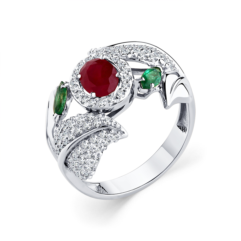 Серьги с рубином, изумрудом, бриллиантами из белого золота 585 пробы, фото № 4