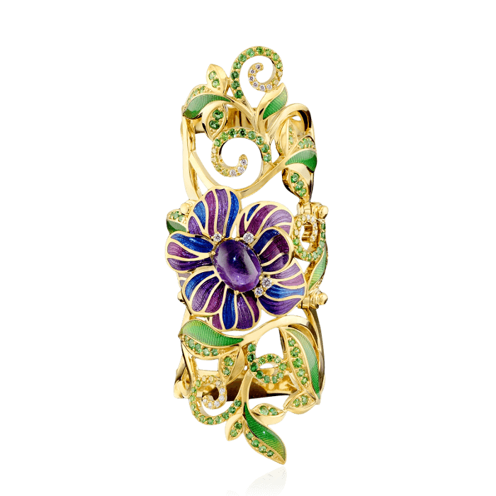 Бандажное (на весь палец) кольцо цветы с аметистом, бриллиантами, эмалью, демантоидом, тсаворитом из желтого золота 750 пробы, фото № 2