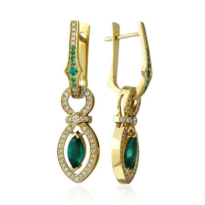 Серьги с изумрудом, бриллиантами из желтого золота 750 пробы (арт. 38260)