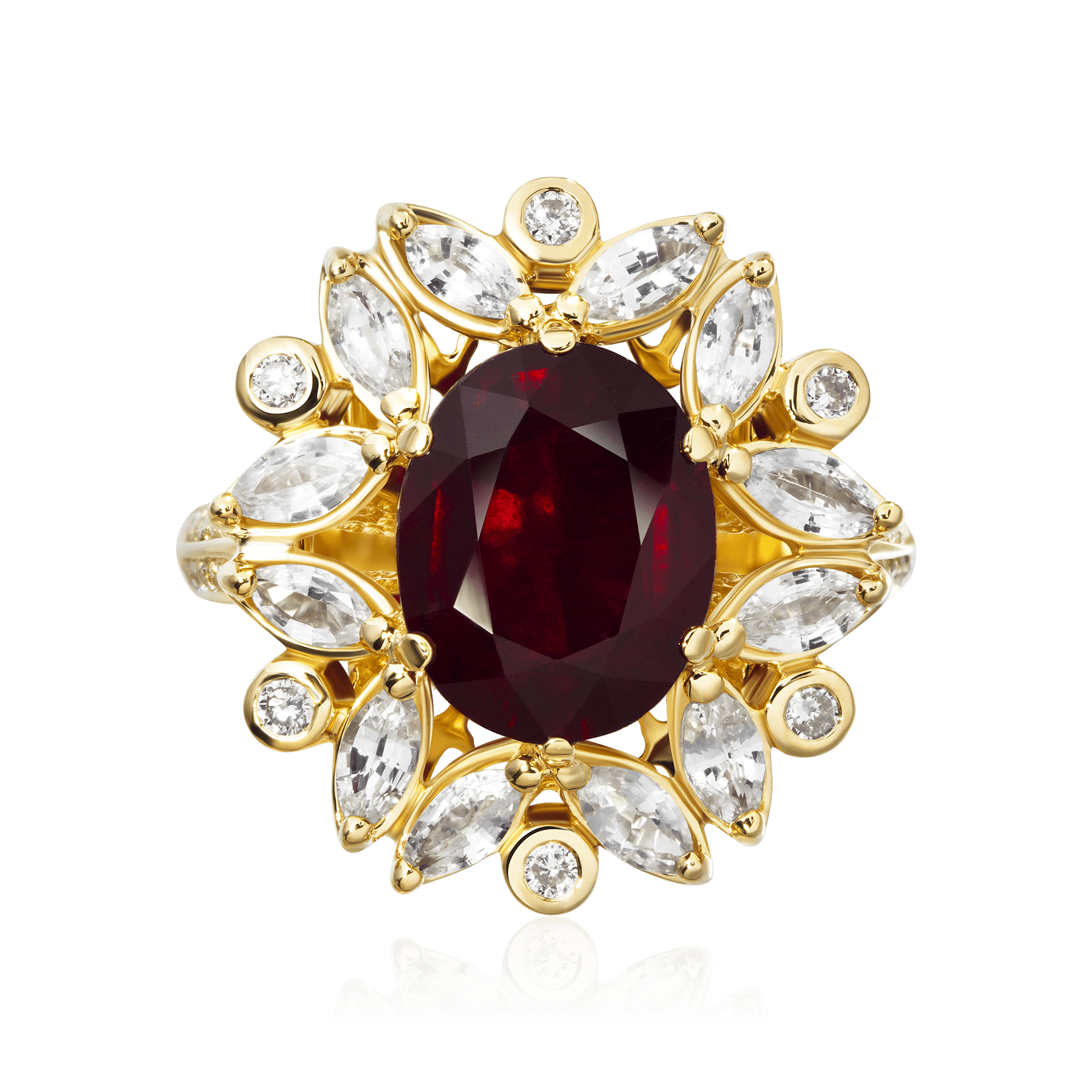Кольцо с рубином, белыми сапфирами, бриллиантами из желтого золота 750 пробы, фото № 2