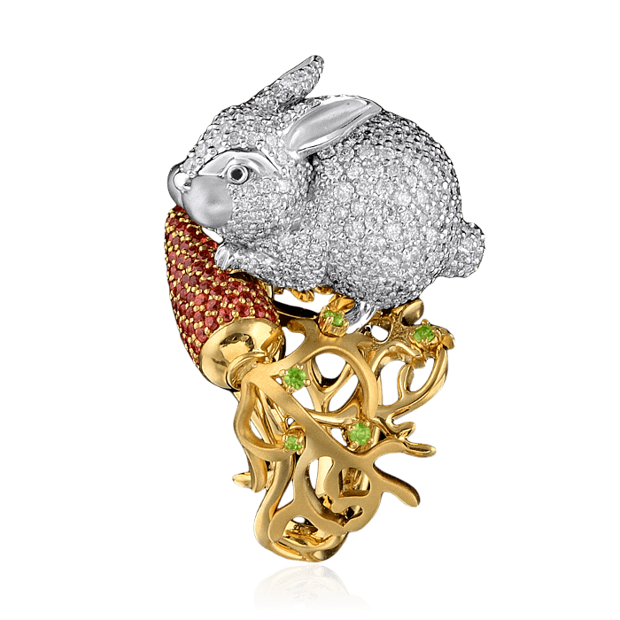 Кольцо Заяц с цветными камнями, бриллиантами в комбинированном золоте 750 пробы, фото № 2