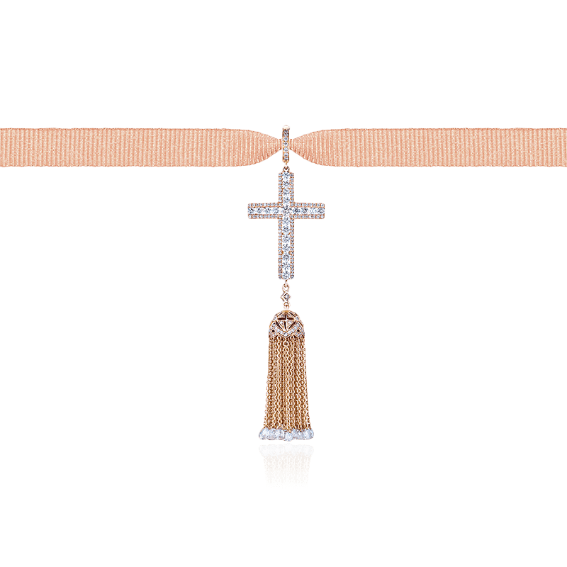 Кулон в виде креста с подвеской-кистью с коричневыми бриллиантами из розового золота 750 пробы, фото № 1
