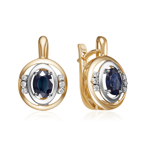 Серьги с сапфиром, бриллиантами из комбинированного золота 585 пробы, фото № 1