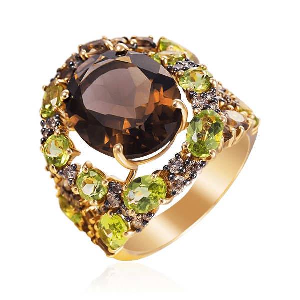 Кольцо с раухтопазом, перидотом, бриллиантами из желтого золота 585 пробы, фото № 1