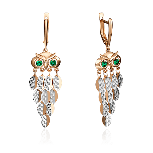 Серьги Совы с фианитами из красного золота 585 пробы, фото № 1