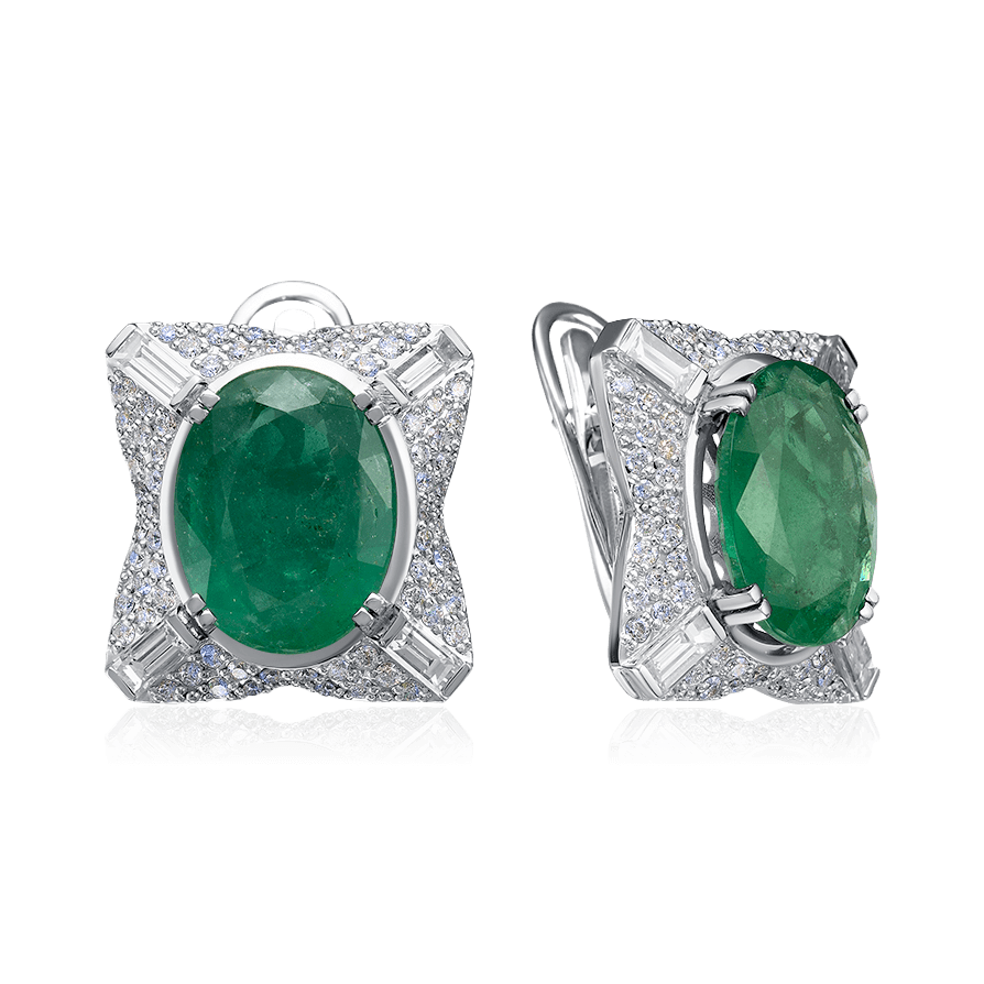 Серьги с изумрудом, бриллиантами из белого золота 585 пробы, фото № 1