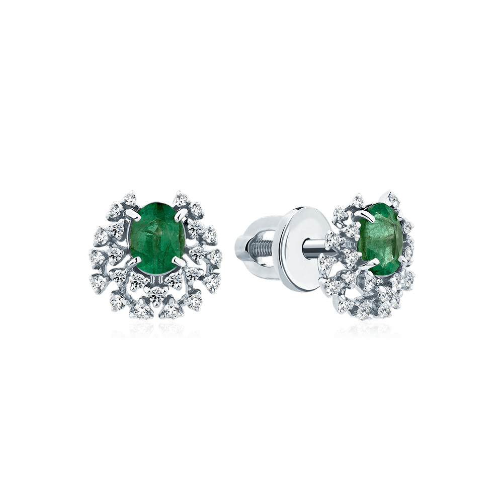 Серьги с изумрудом, бриллиантами из белого золота 585 пробы (арт. 132708)