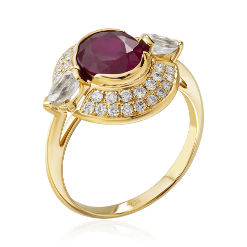 Кольцо с рубином, белыми сапфирами, бриллиантами из желтого золота 750 пробы, фото № 1