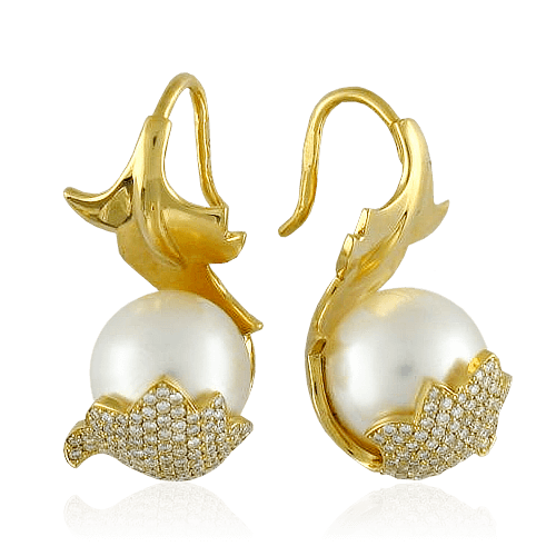Серьги с жемчугом, бриллиантами из желтого золота 750 пробы, фото № 1