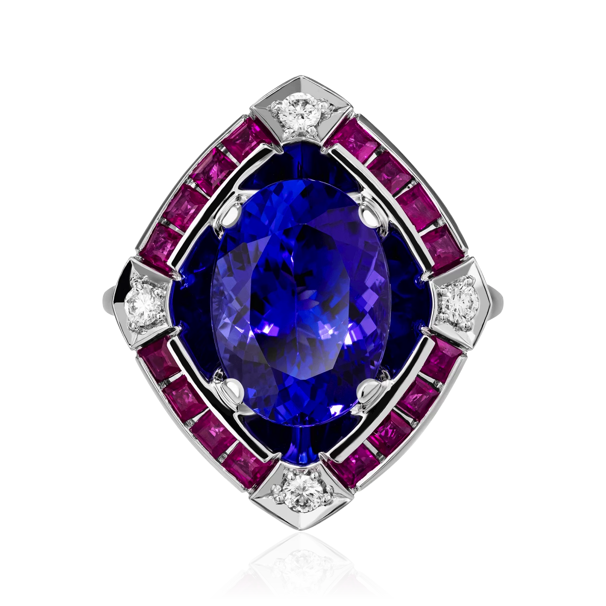 Кольцо с танзанитом, рубином, бриллиантами из белого золота 750 пробы, фото № 2