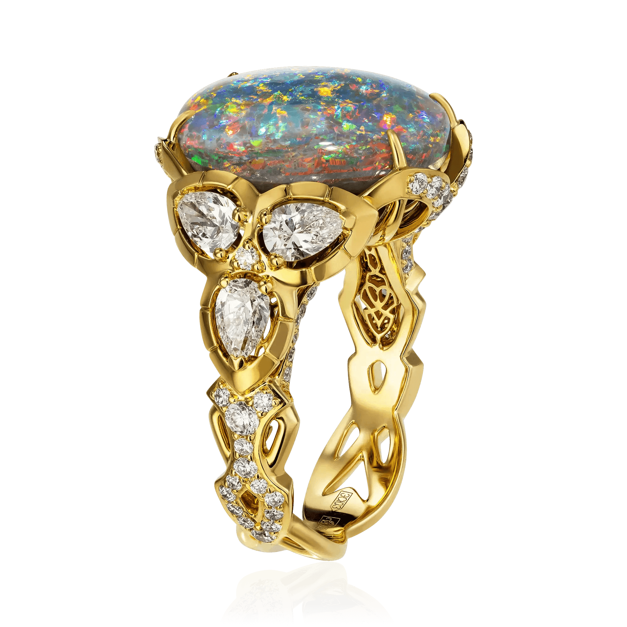 Кольцо с опалом, бриллиантами из желтого золота 750 пробы, фото № 3