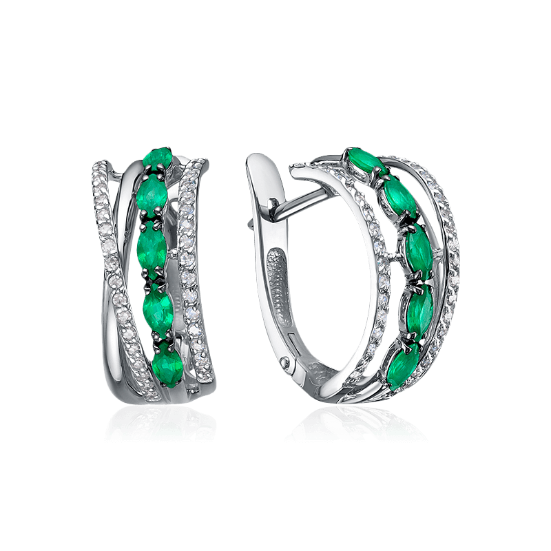 Серьги с изумрудом, бриллиантами из белого золота 585 пробы (арт. 122593)