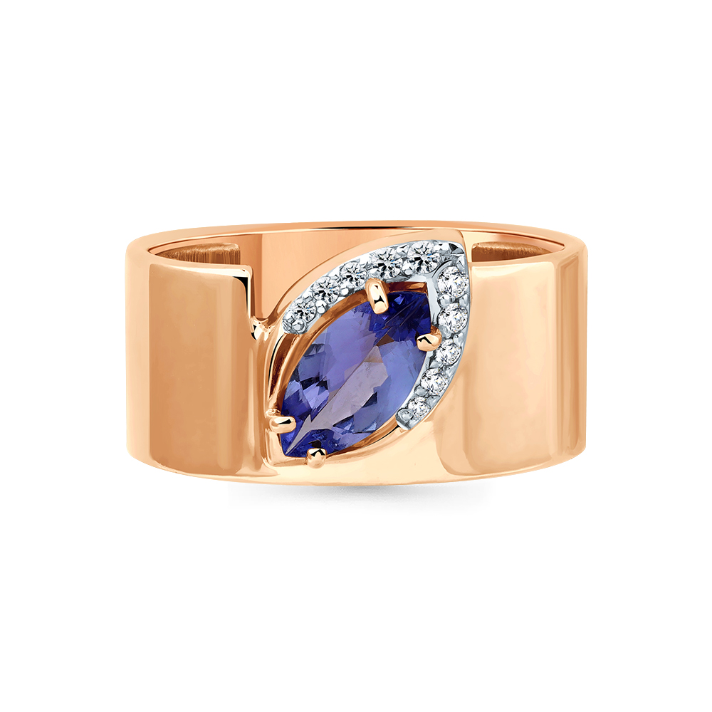 Кольцо с танзанитом, бриллиантами из красного золота 585 пробы, фото № 2