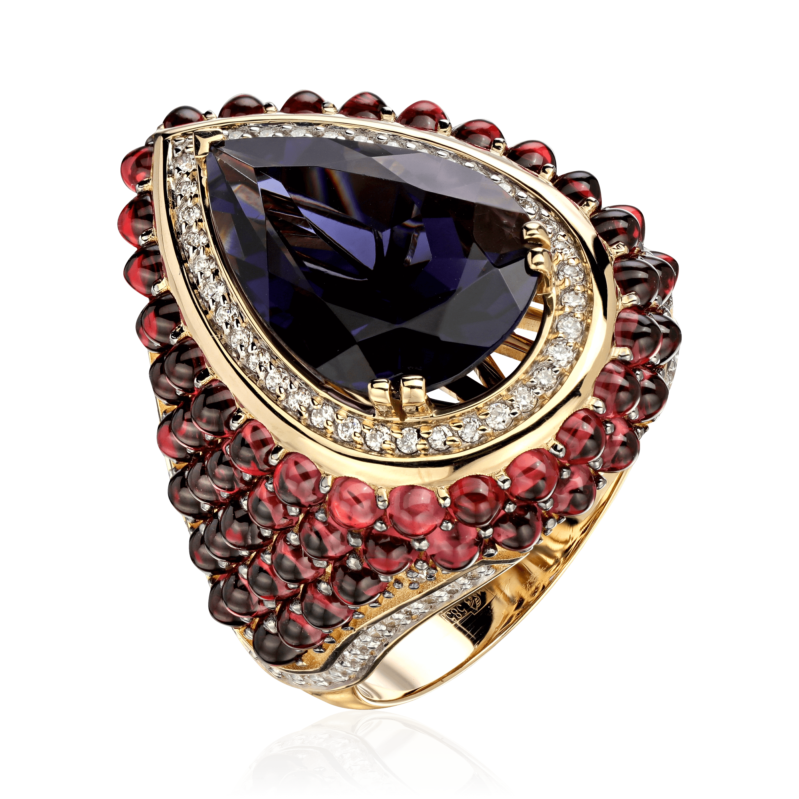 Кольцо с родолитом, бриллиантами из желтого золота 585 пробы (арт. 104298)