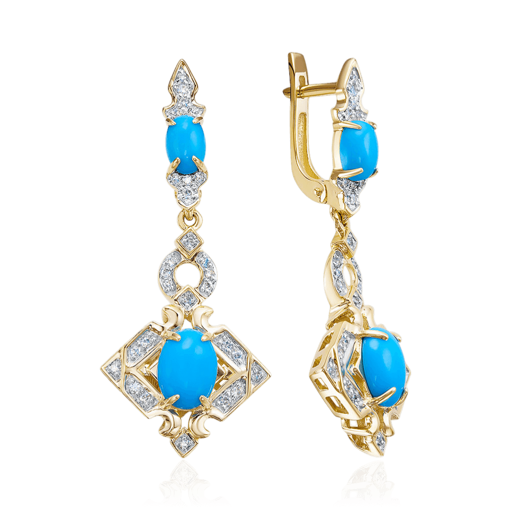 Серьги с бриллиантами, бирюзой из желтого золота 585 пробы (арт. 128141)