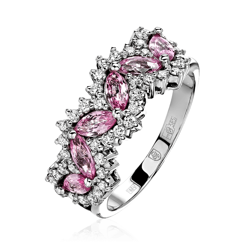 Кольцо с розовыми сапфирами, бриллиантами из белого золота 585 пробы, фото № 1