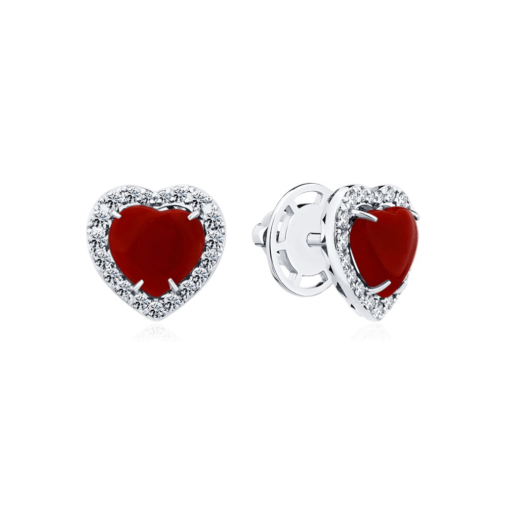 Серьги с кораллом, бриллиантами из белого золота 585 пробы (арт. 128545)