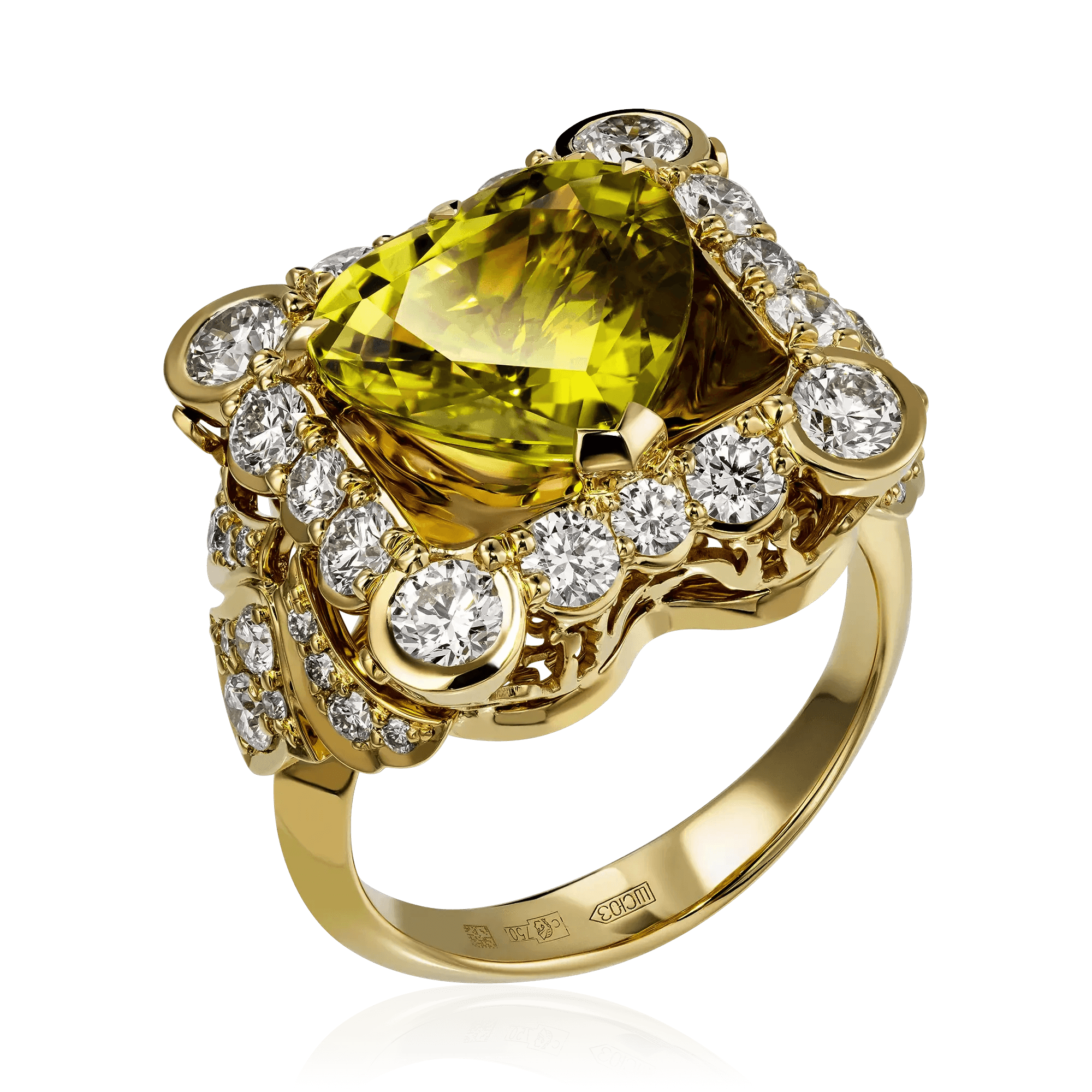 Кольцо с хризобериллом, бриллиантами из желтого золота 750 пробы (арт. 101789)
