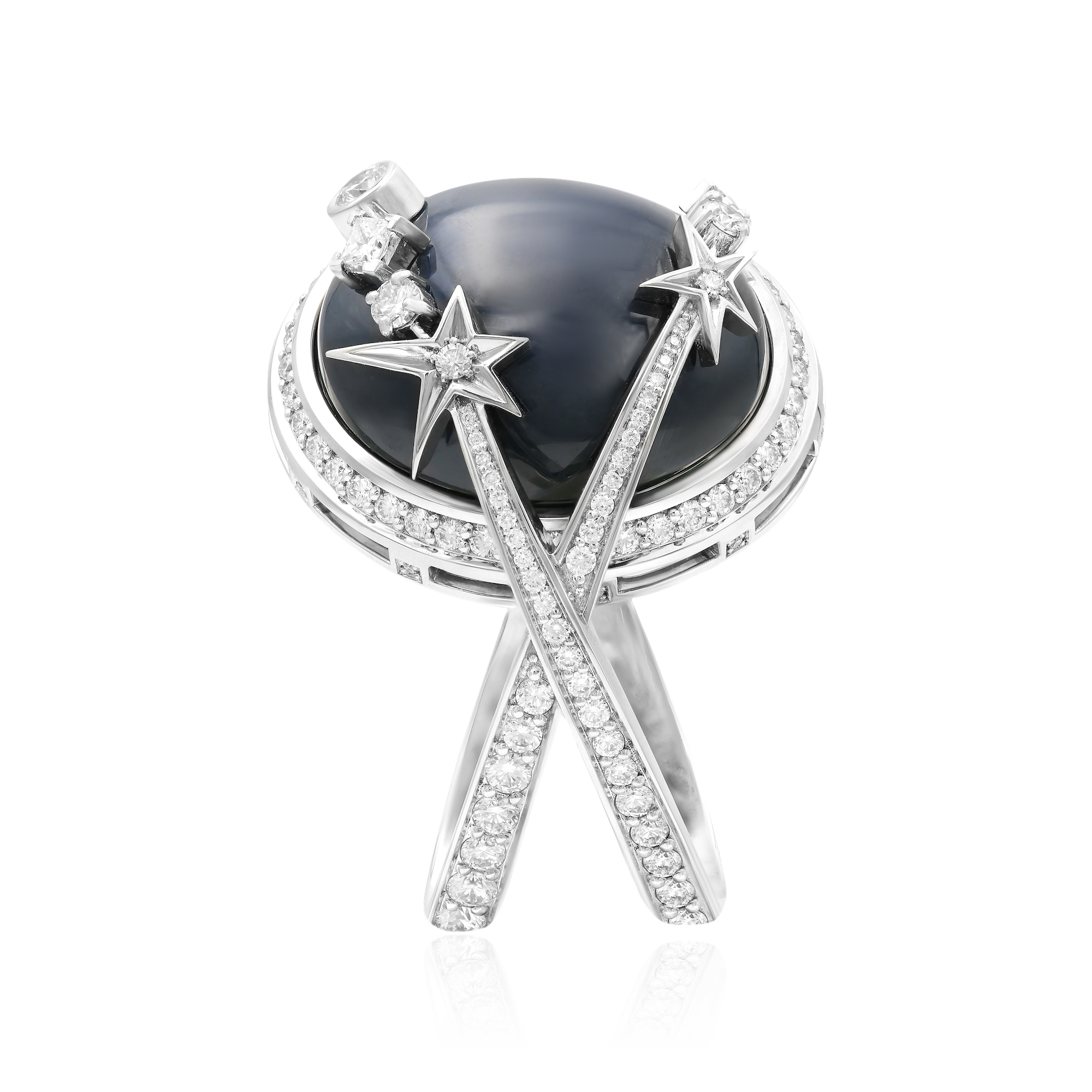Кольцо со звездчатым сапфиром, бриллиантами из белого золота 750 пробы, фото № 2