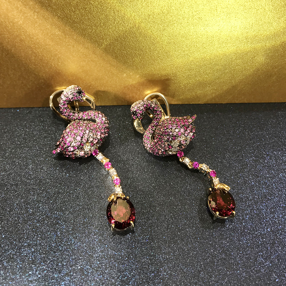 Серьги Фламинго с рубином, сапфиром, бриллиантами из желтого золота 585 пробы, фото № 2