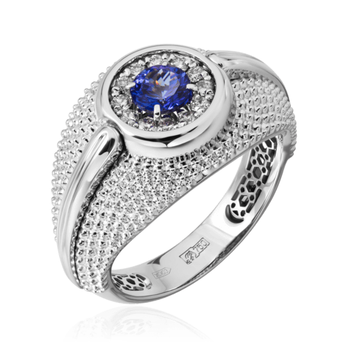 Мужское кольцо с танзанитом, бриллиантами из белого золота 585 пробы, фото № 1