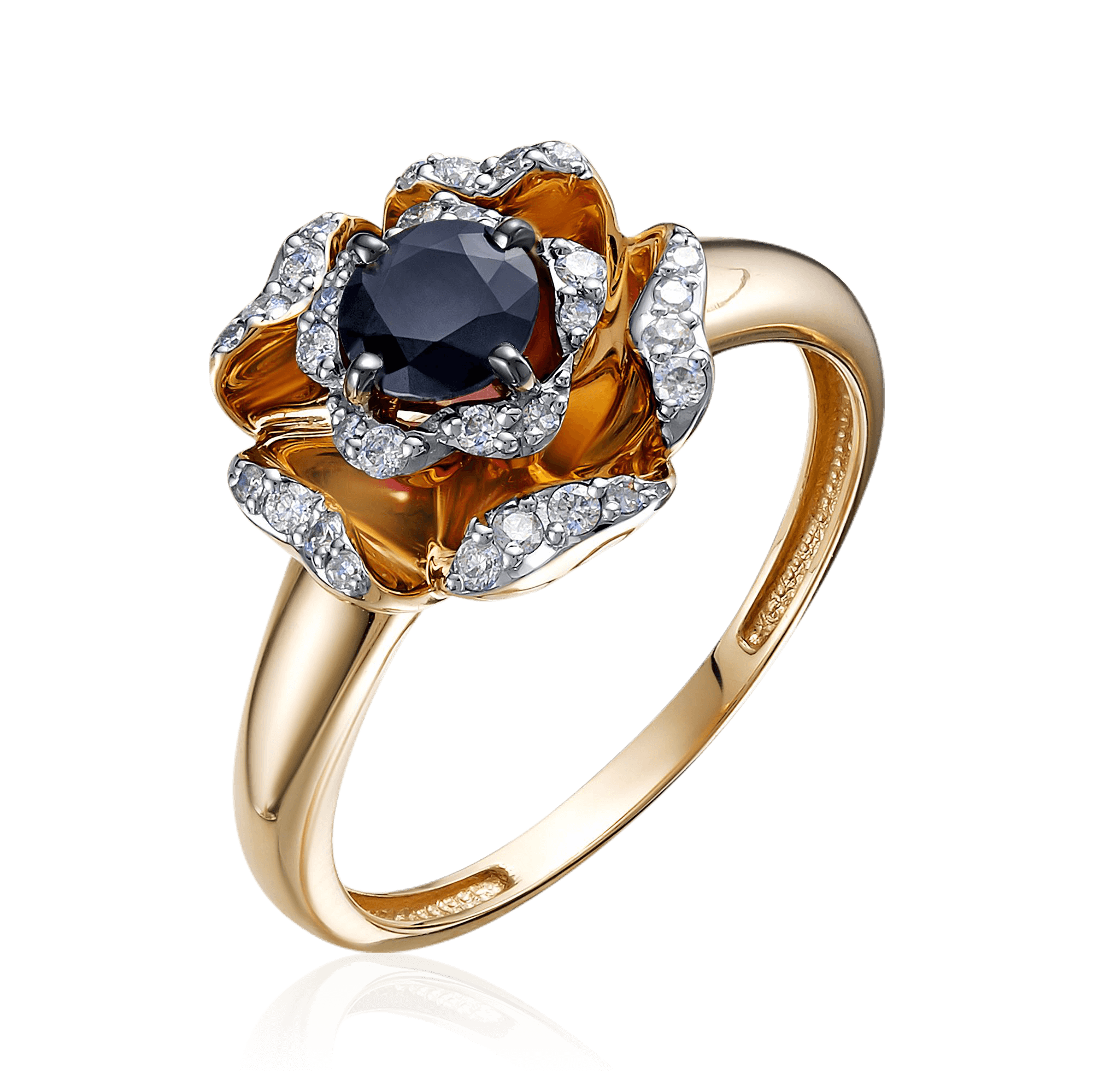 Кольцо с сапфиром, в виде цветка бриллиантами из красного золота 585 пробы, фото № 1