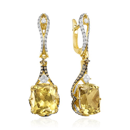Серьги с бриллиантами, цитрином из желтого золота 585 пробы, фото № 1