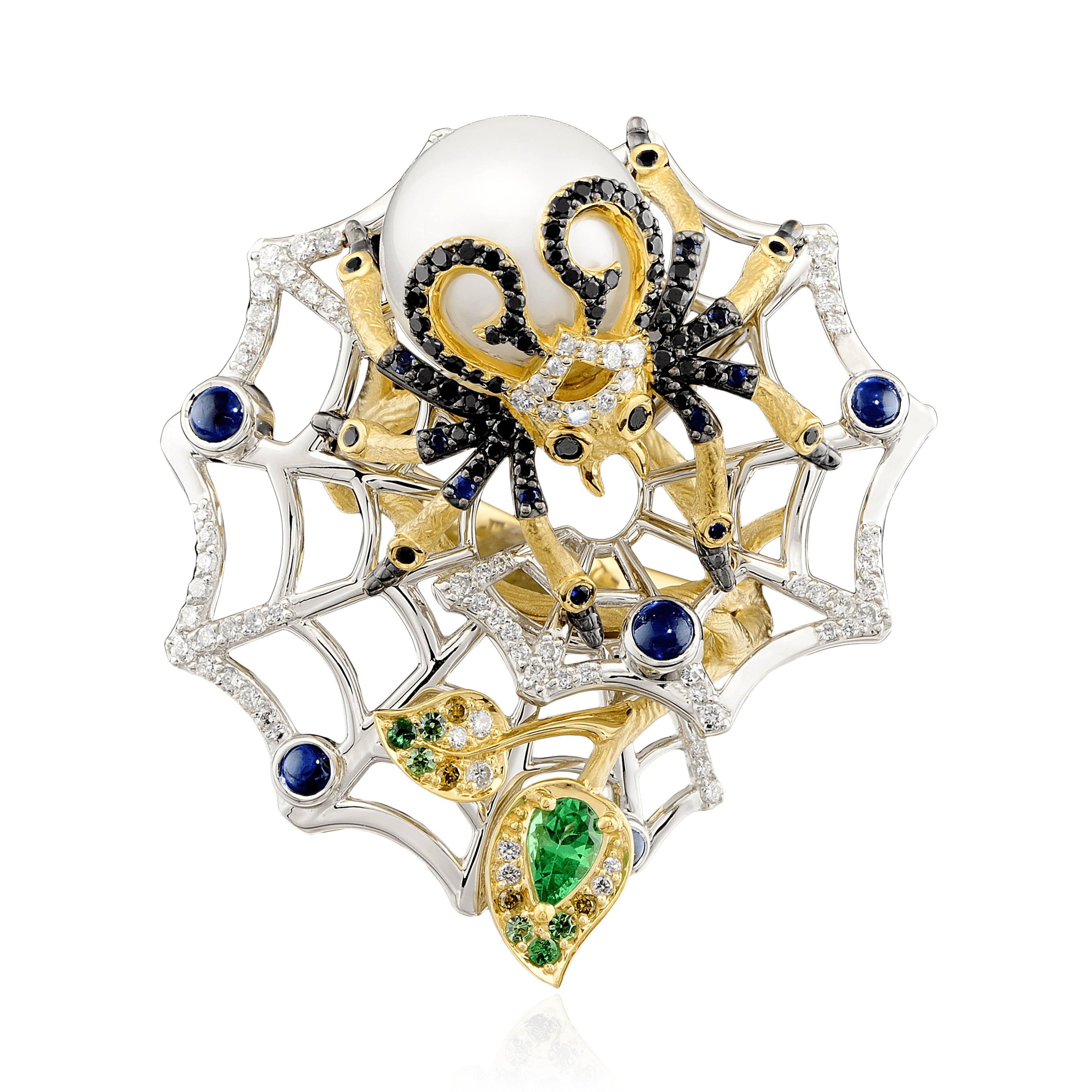 Кольцо Паук на паутине с жемчугом, бриллиантами, сапфиром, демантоидом из комбинированного золота 750 пробы, фото № 2