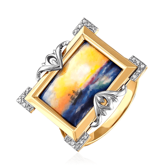Коктейльное кольцо из комплекта «Каравелла» из комбинированного золота с бриллиантами в виде миниатюрной картины в технике расписной финифти (арт. 45177)