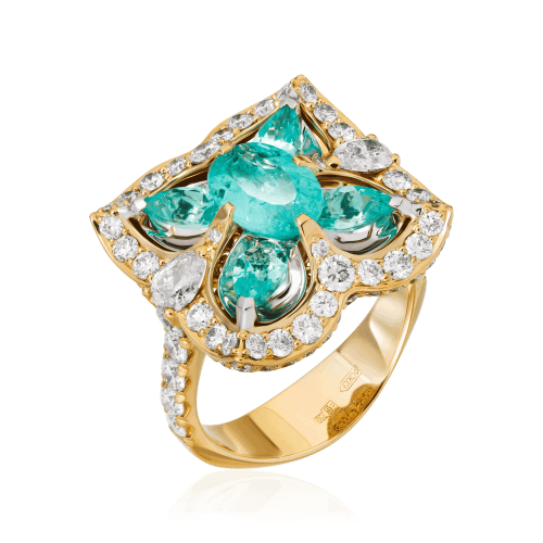Кольцо с Параиба турмалином, бриллиантами из желтого золота 750 пробы, фото № 1