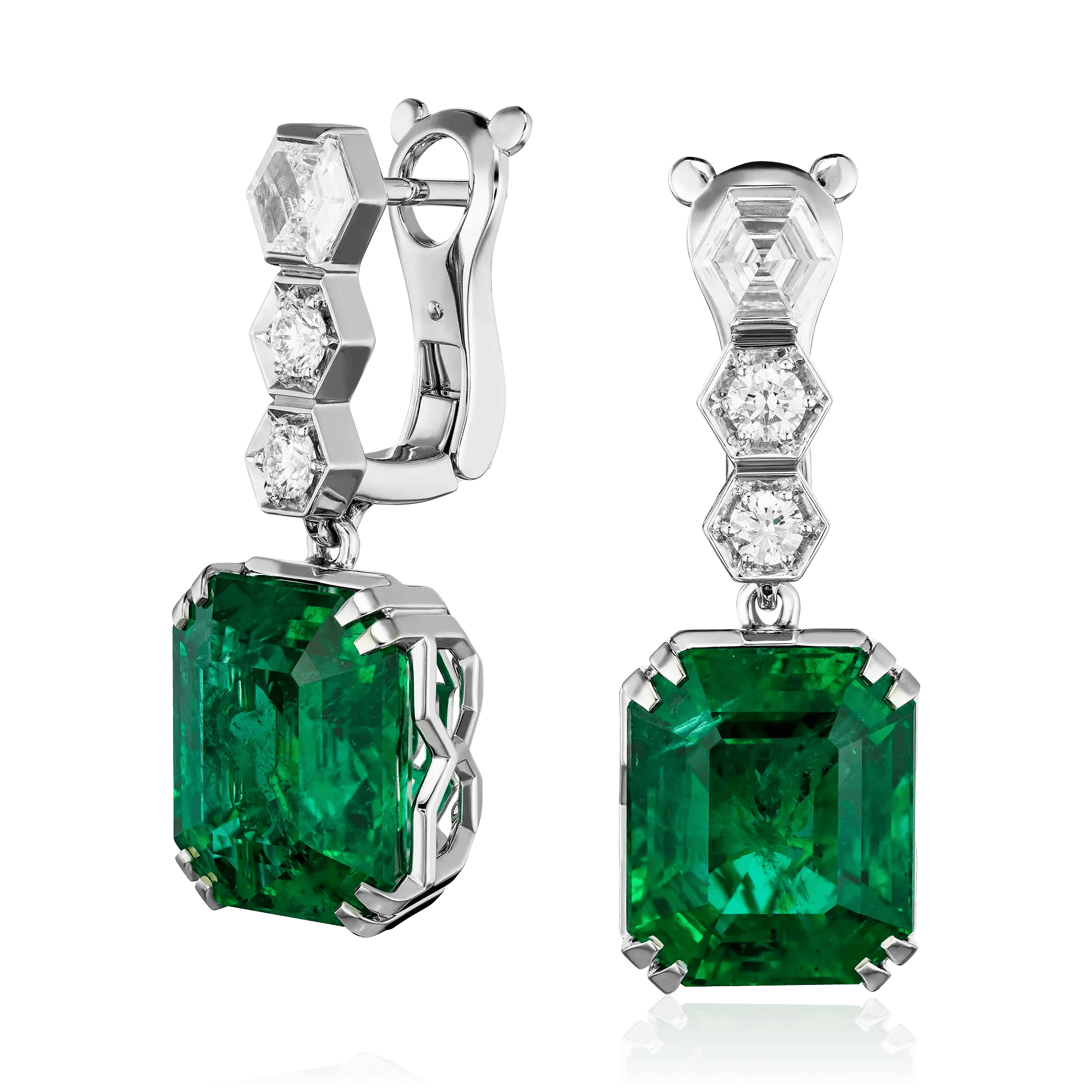 Серьги с изумрудом, бриллиантами из белого золота 750 пробы (арт. 130657)