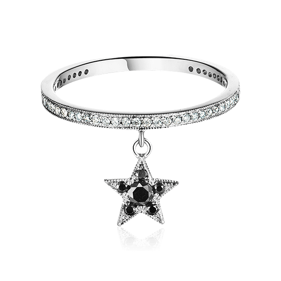 Кольцо с подвесной звездой с черными бриллиантами из белого золота 750 пробы, фото № 1